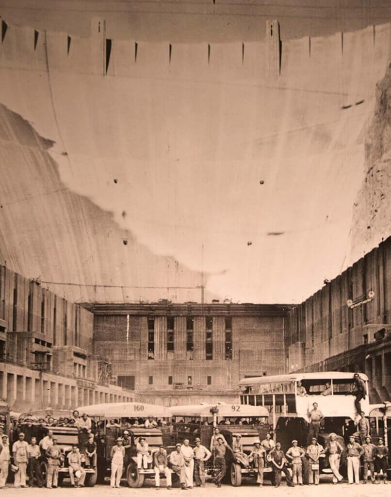 historic photo of hoover dam and builders