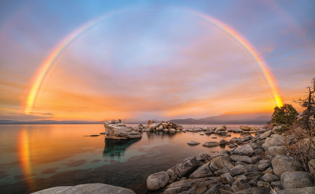 2026 great nevada picture hunt waterscape winner rick pott photo of rainbow over bonsai rock lake tahoe
