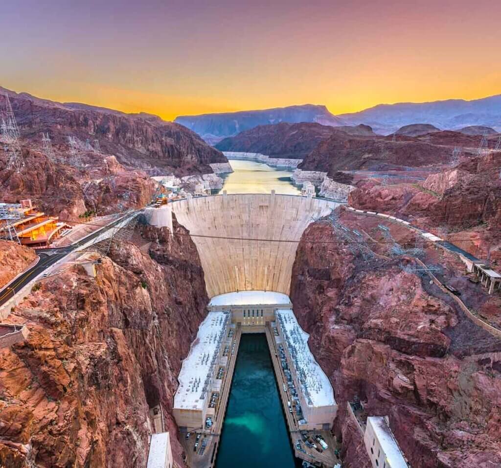 view of hoover dam at sunset