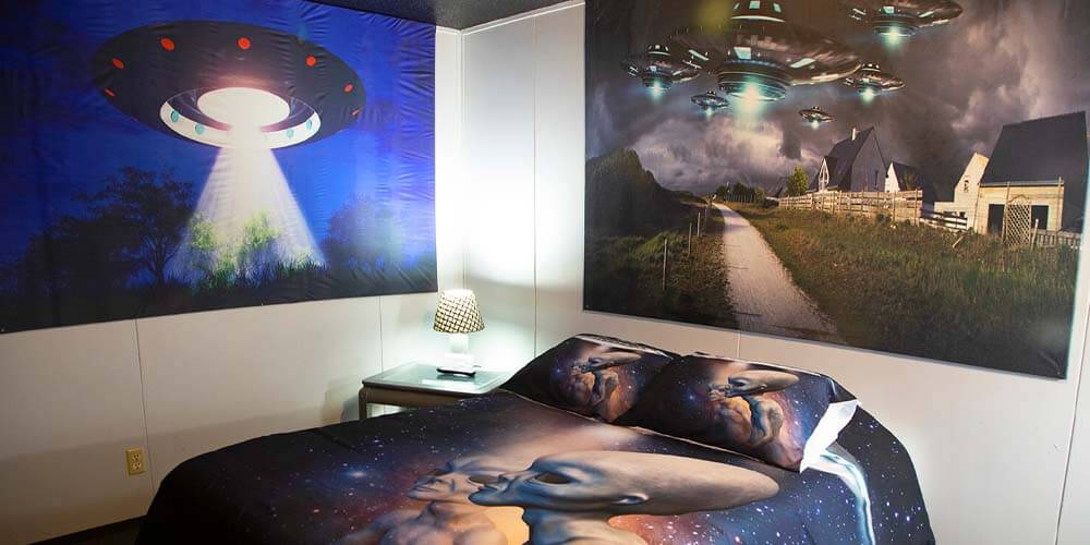 interior alien themed hotel room at sunset view inn