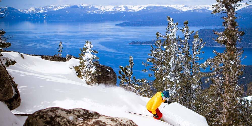 skiing with view of lake tahoe